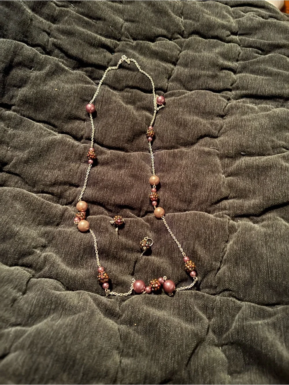 RMN Rose and Beaded Long Necklace with Matching Earrings